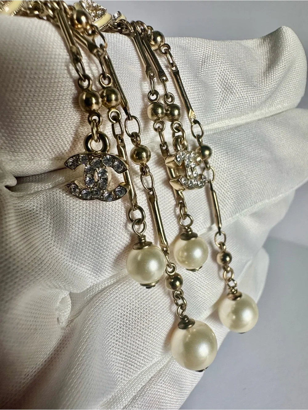 CHANEL 11C Enamel Crystal CC Pearl Chandelier Drop Earrings Rare